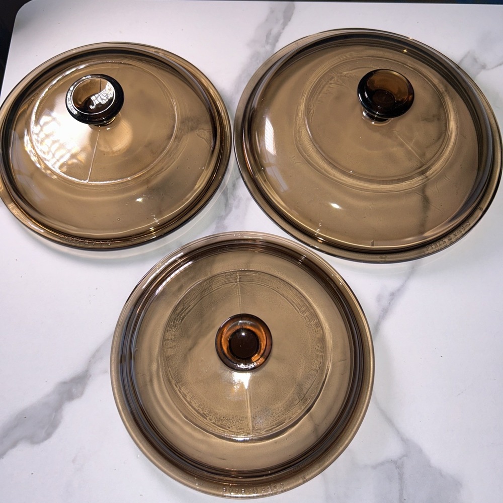 Pyrex Visions Amber Brown Glass Lids Set of 3 V-1.5-C V-1-C V-150-C Vintage USA